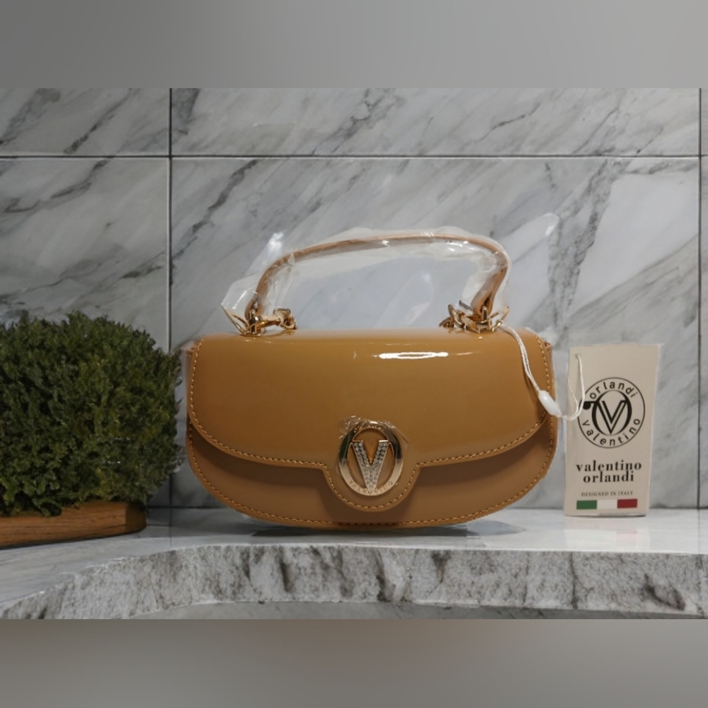 Valentino Orlandi Top Handle Patent Leather Shoulder Bag Taupe